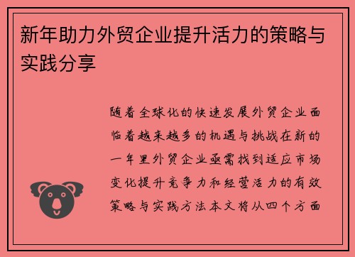 新年助力外贸企业提升活力的策略与实践分享