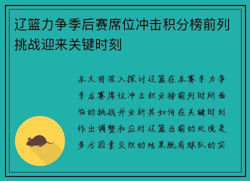 辽篮力争季后赛席位冲击积分榜前列挑战迎来关键时刻